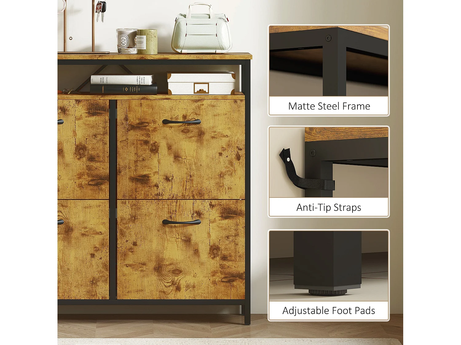 Vebael Rustic Brown Shoe Cabinet with 4 Flip Drawers and Top Shelf