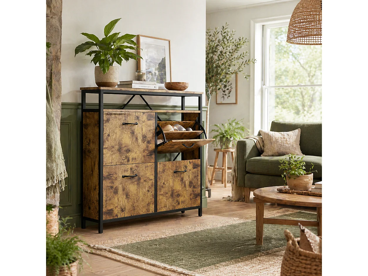 Vebael Rustic Brown Shoe Cabinet with 4 Flip Drawers and Top Shelf