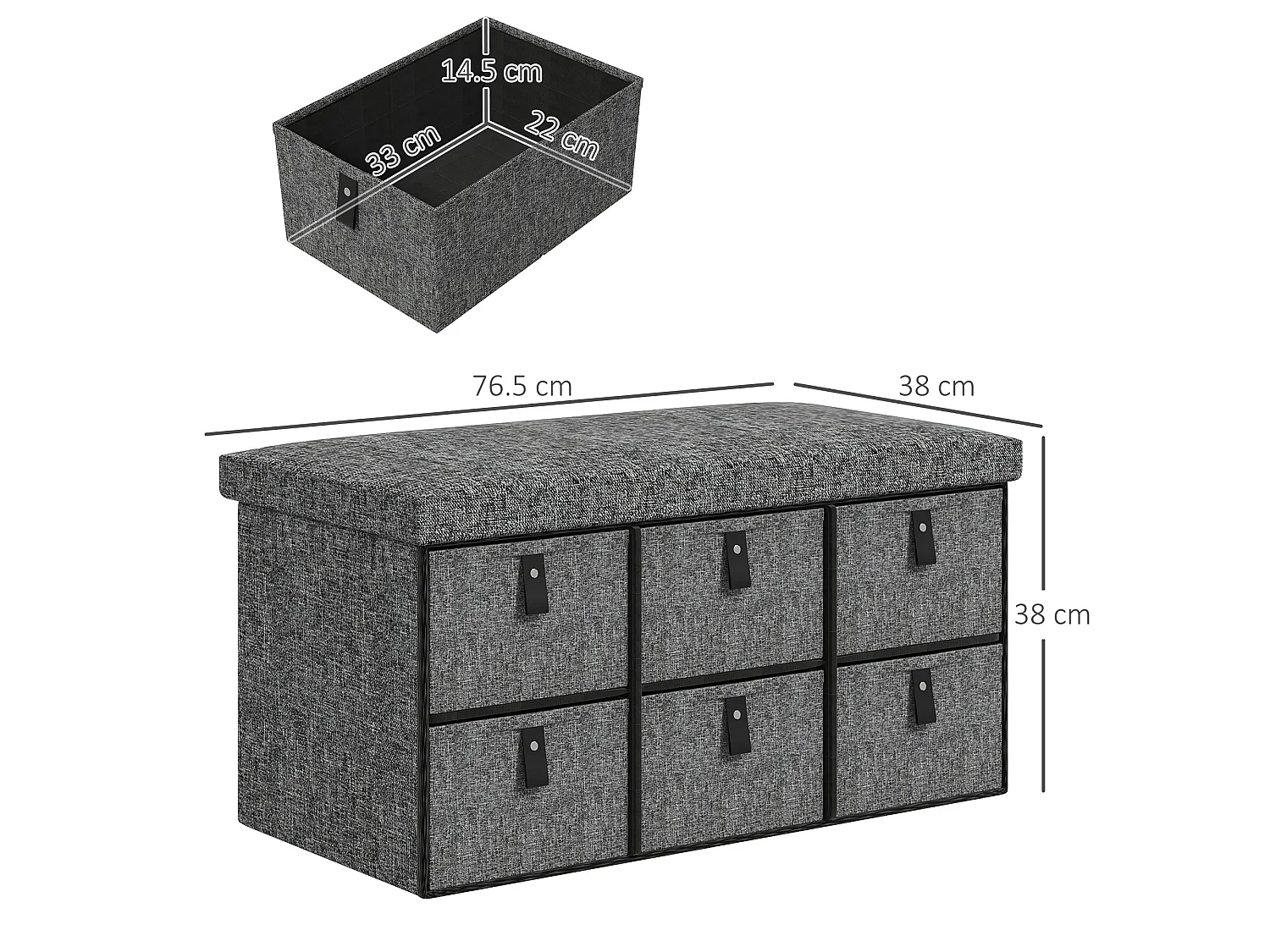 Varare Dark Grey Fabric 6 Drawer Shoe Storage Bench with Cushioned Seat