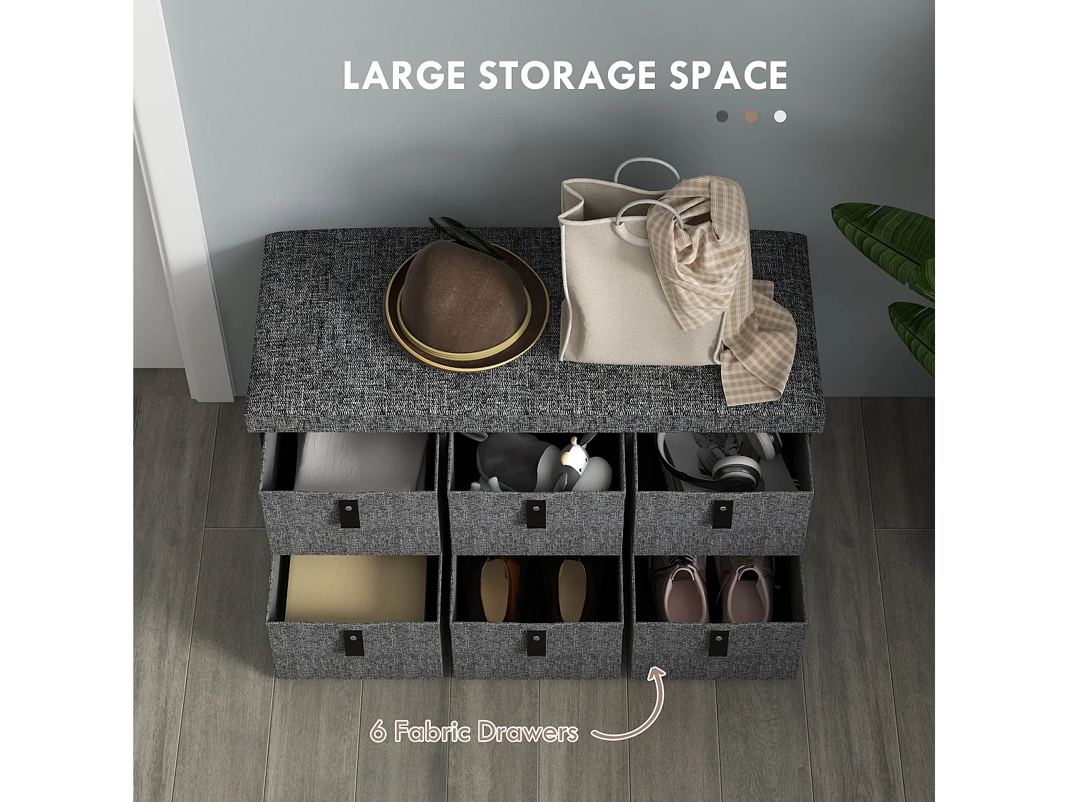 Varare Dark Grey Fabric 6 Drawer Shoe Storage Bench with Cushioned Seat