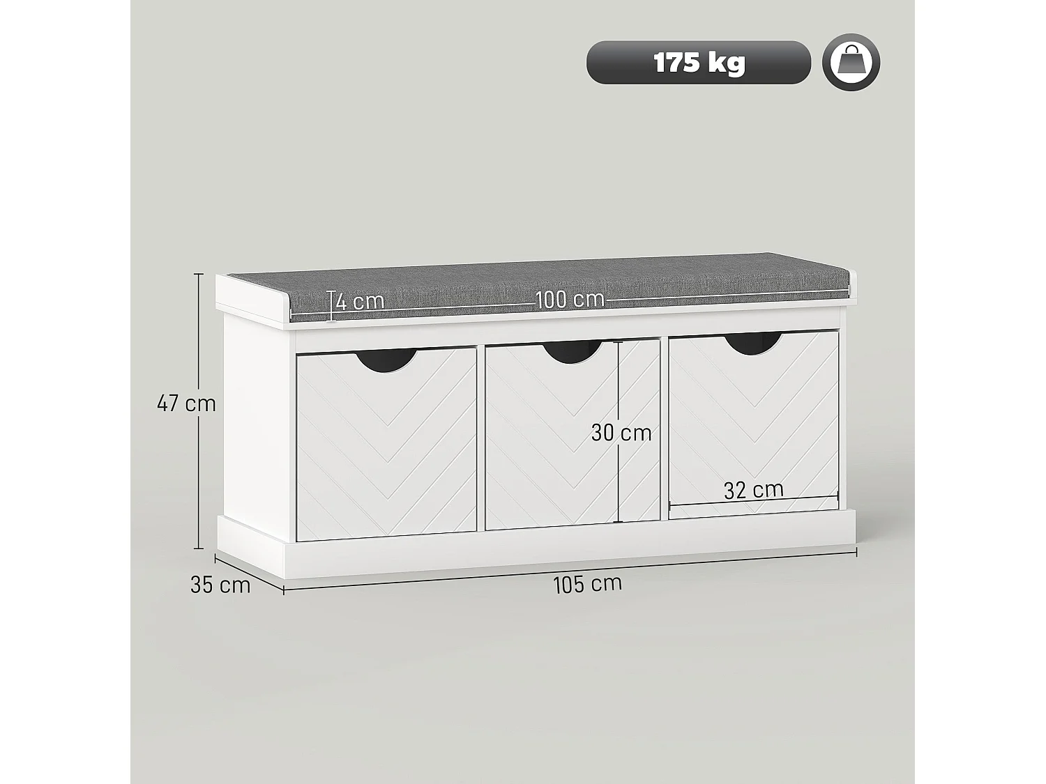 Reco Nolu White 3 Drawer Shoe Bench with Grey Padded Seat