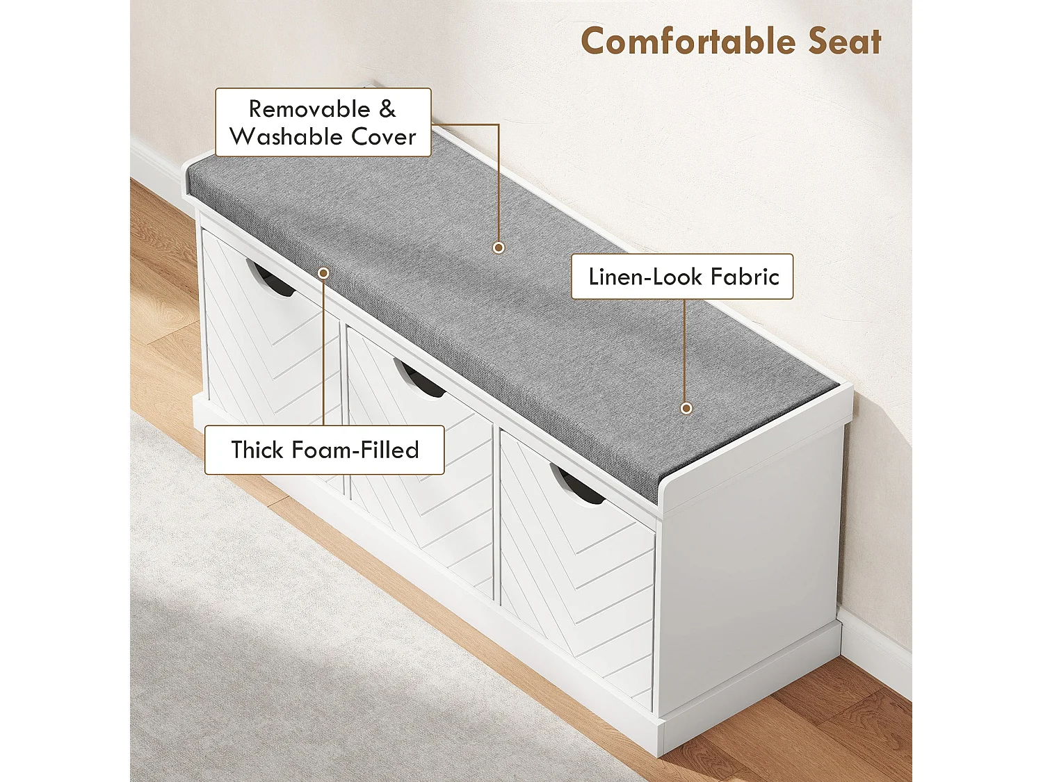 Reco Nolu White 3 Drawer Shoe Bench with Grey Padded Seat