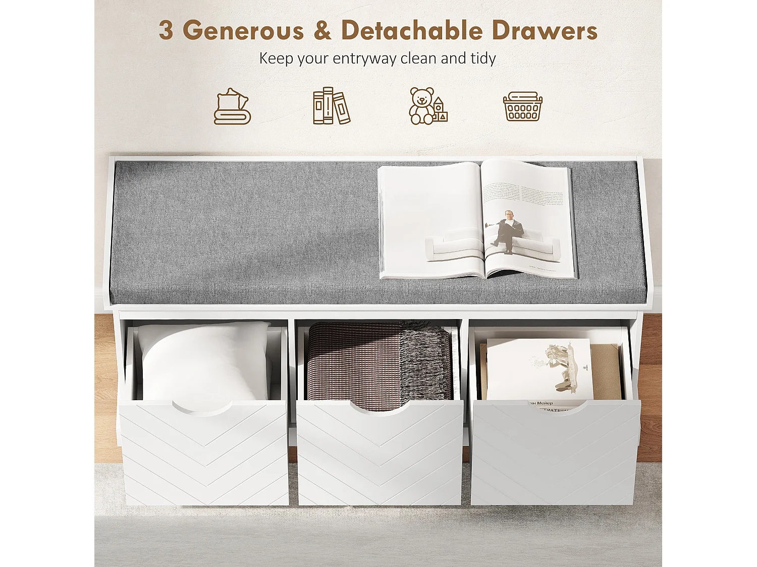 Reco Nolu White 3 Drawer Shoe Bench with Grey Padded Seat