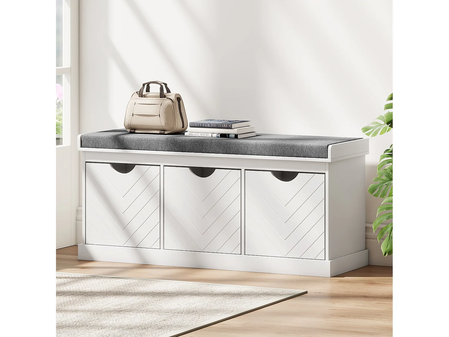 Reco Nolu White 3 Drawer Shoe Bench with Grey Padded Seat