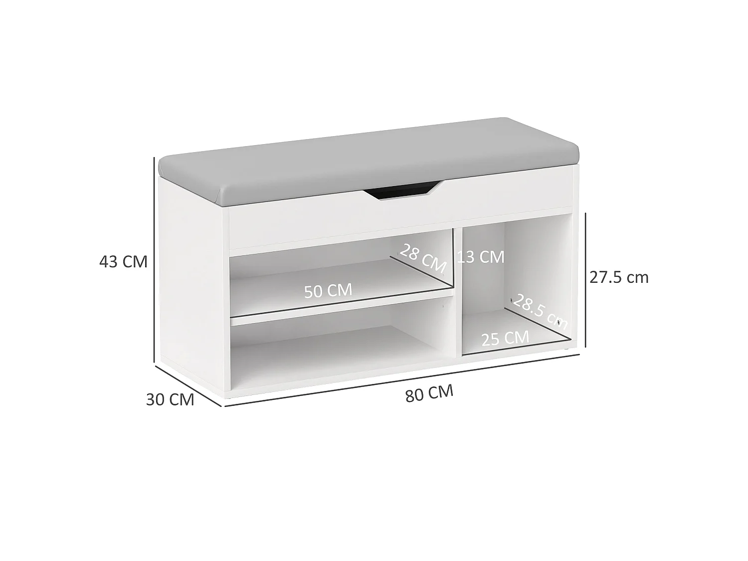 Zima Cream White Shoe Storage Bench with Hidden Compartment and Light Grey Padded Seat