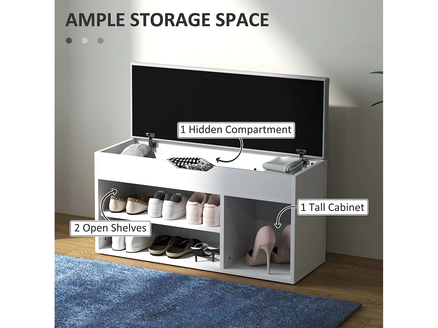 Zima Cream White Shoe Storage Bench with Hidden Compartment and Light Grey Padded Seat