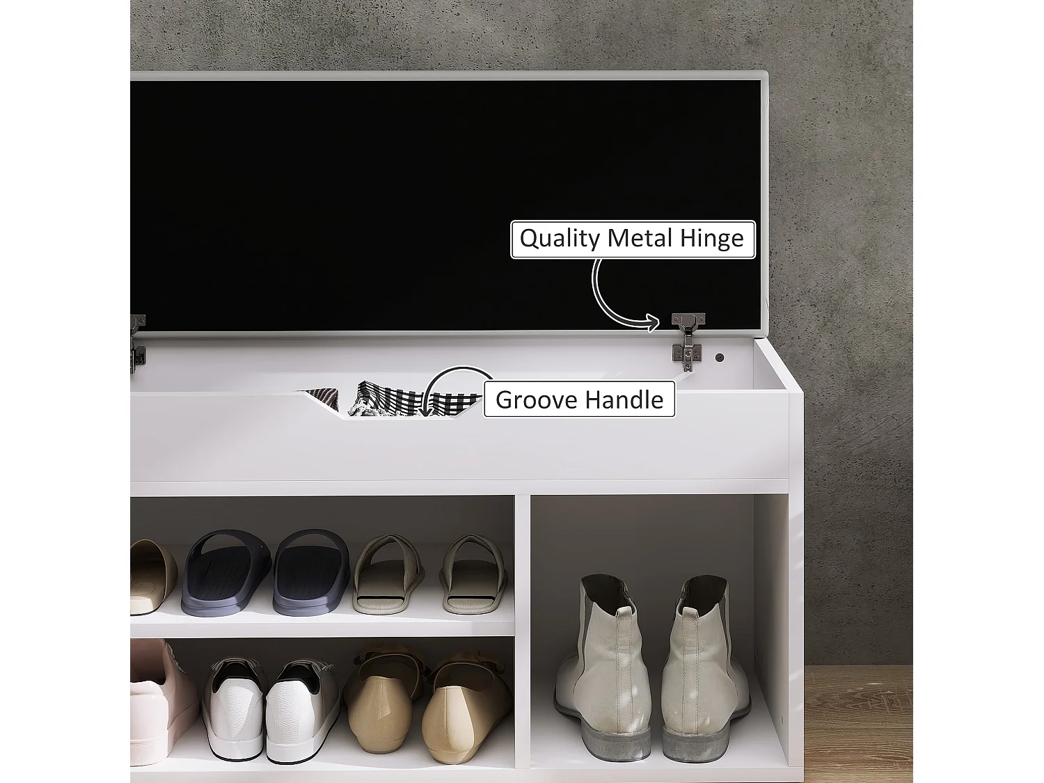 Zima Cream White Shoe Storage Bench with Hidden Compartment and Light Grey Padded Seat