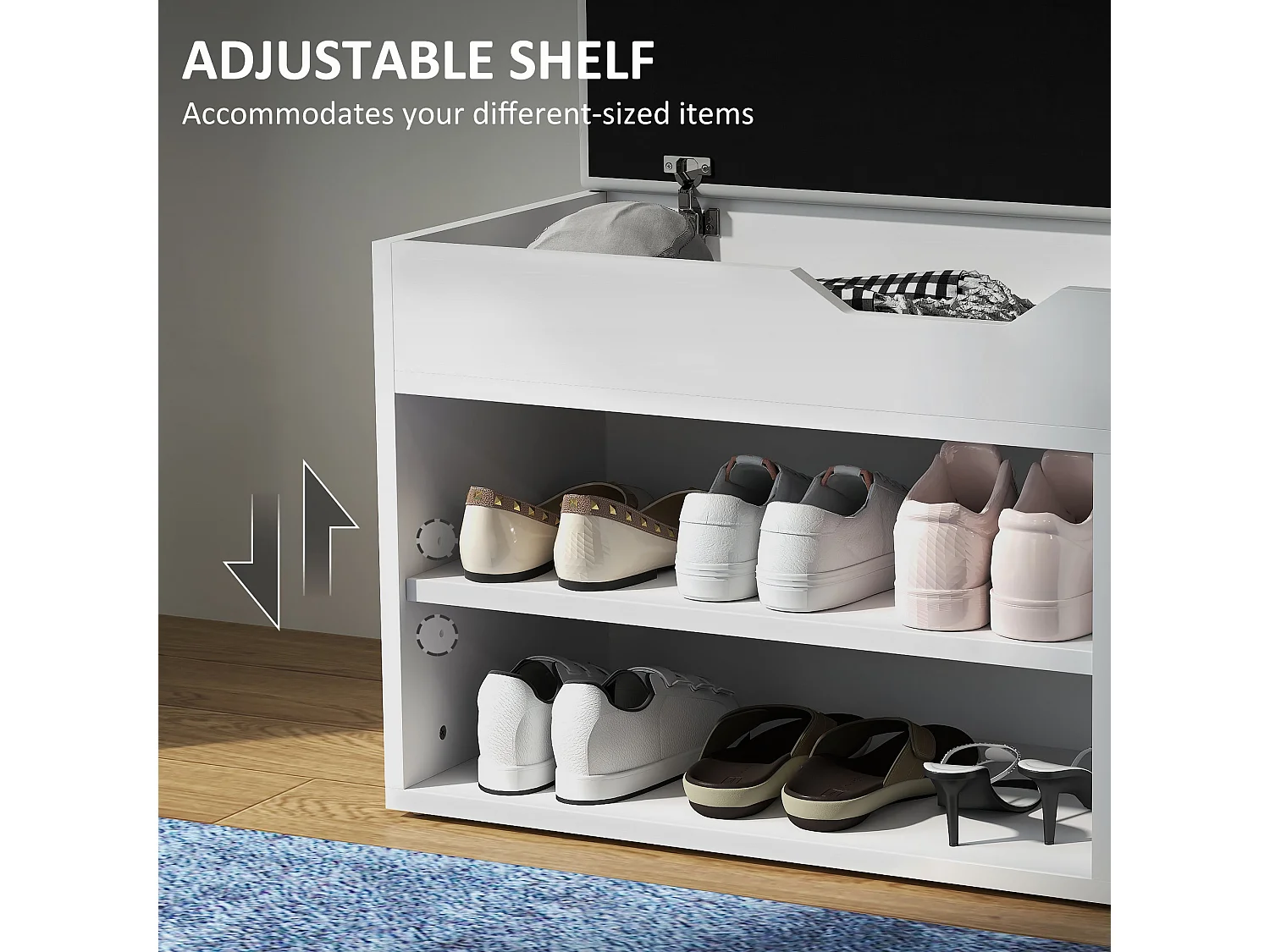 Zima Cream White Shoe Storage Bench with Hidden Compartment and Light Grey Padded Seat