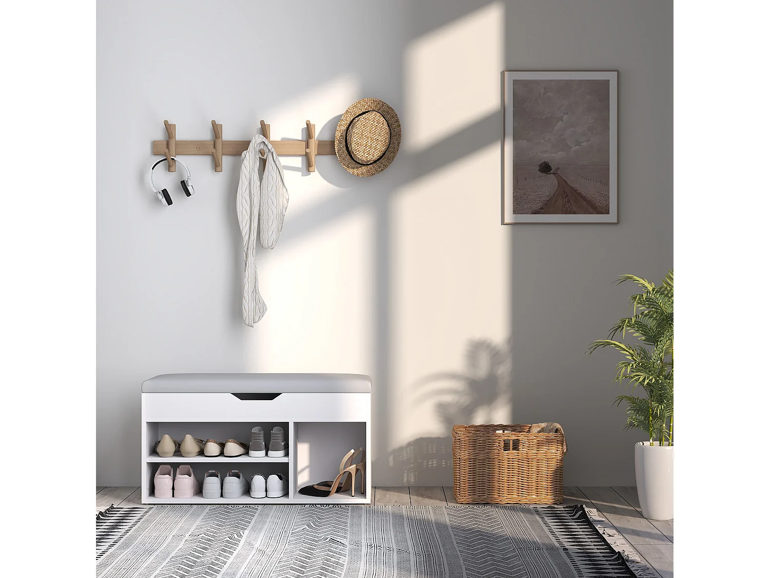 Zima Cream White Shoe Storage Bench with Hidden Compartment and Light Grey Padded Seat