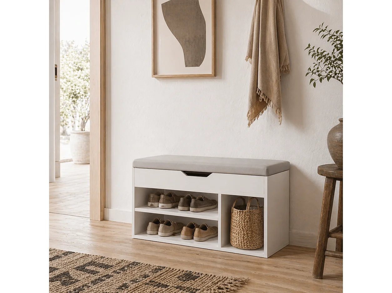 Zima Cream White Shoe Storage Bench with Hidden Compartment and Light Grey Padded Seat