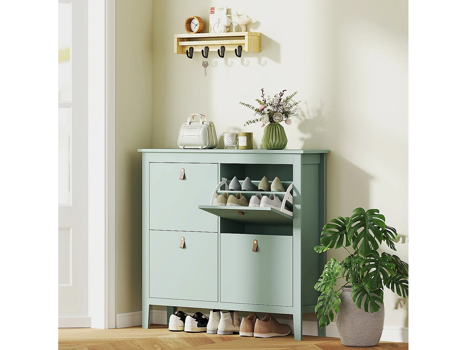 Margarita Mint Green 4 Drawer Shoe Cabinet with Faux Leather Handles