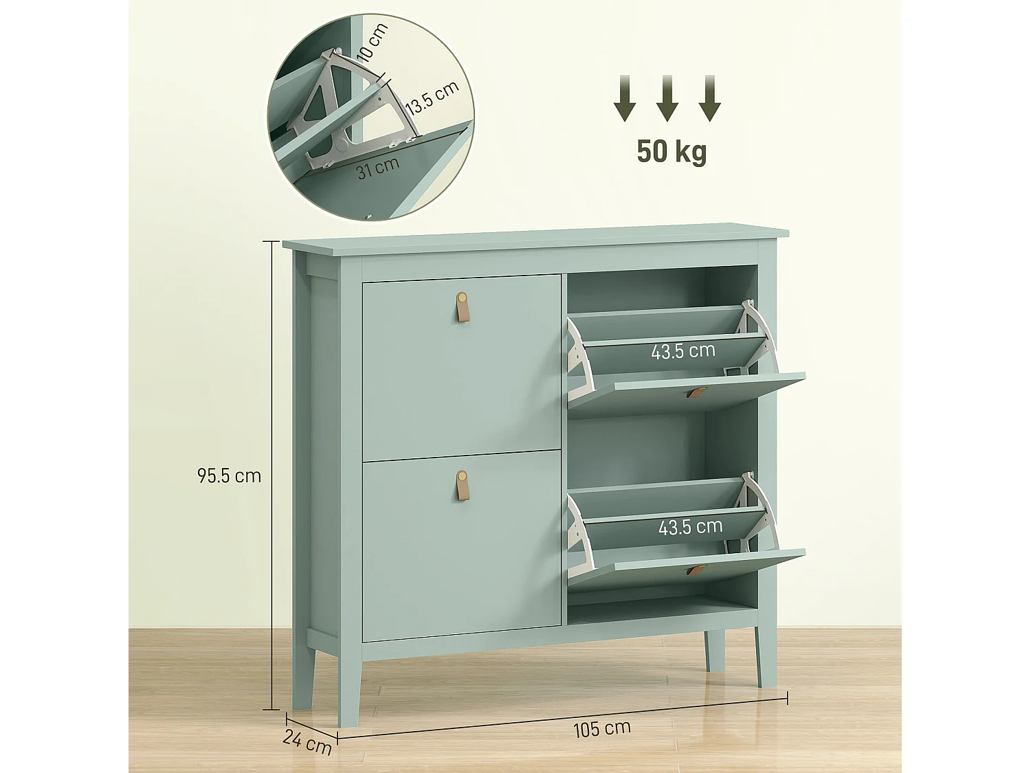 Margarita Mint Green 4 Drawer Shoe Cabinet with Faux Leather Handles