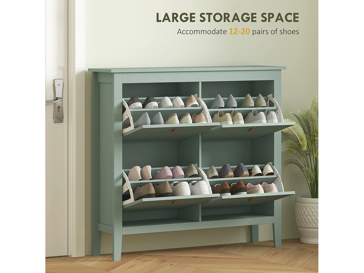 Margarita Mint Green 4 Drawer Shoe Cabinet with Faux Leather Handles