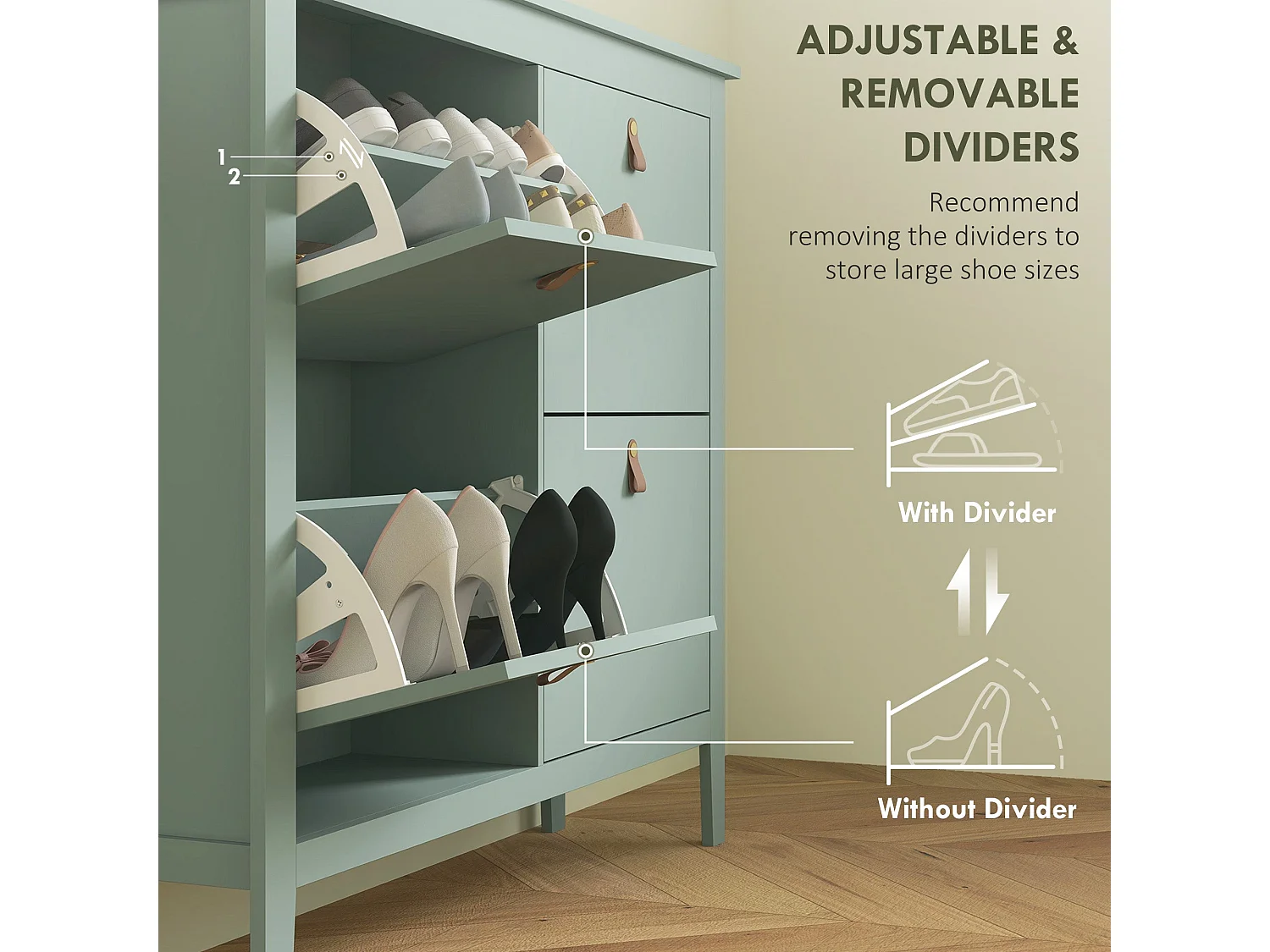 Margarita Mint Green 4 Drawer Shoe Cabinet with Faux Leather Handles
