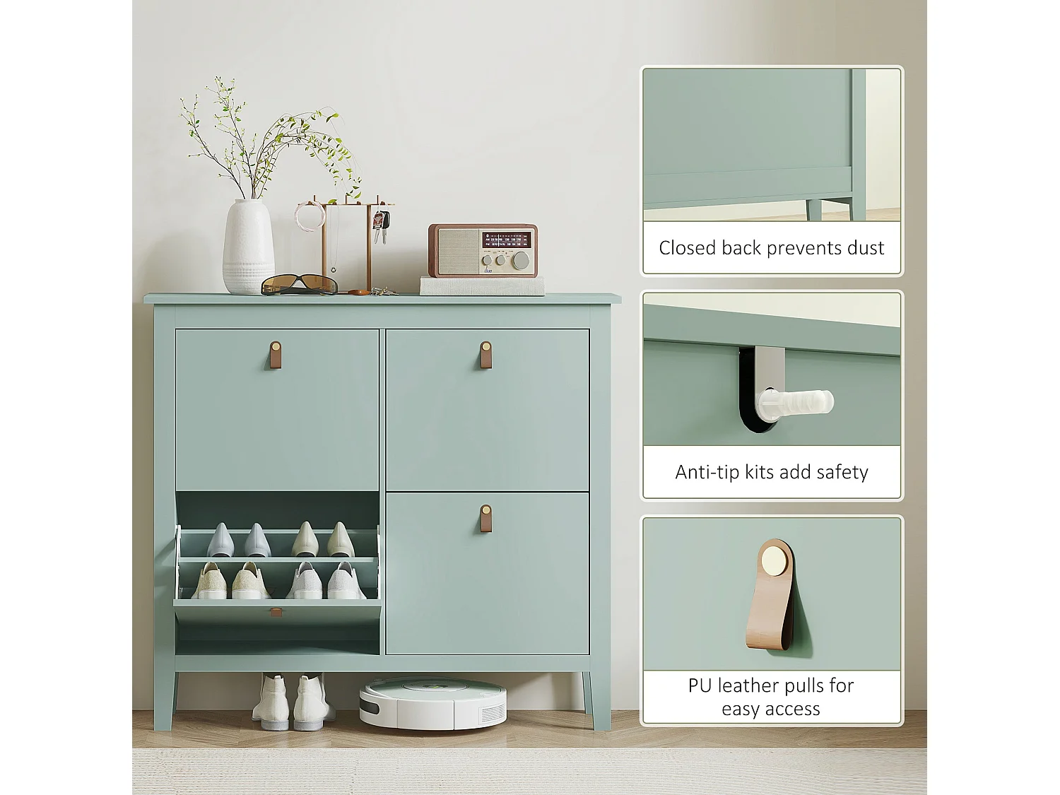 Margarita Mint Green 4 Drawer Shoe Cabinet with Faux Leather Handles