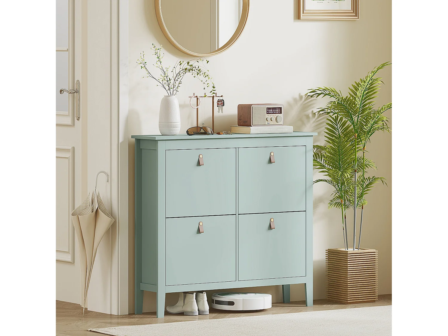 Margarita Mint Green 4 Drawer Shoe Cabinet with Faux Leather Handles