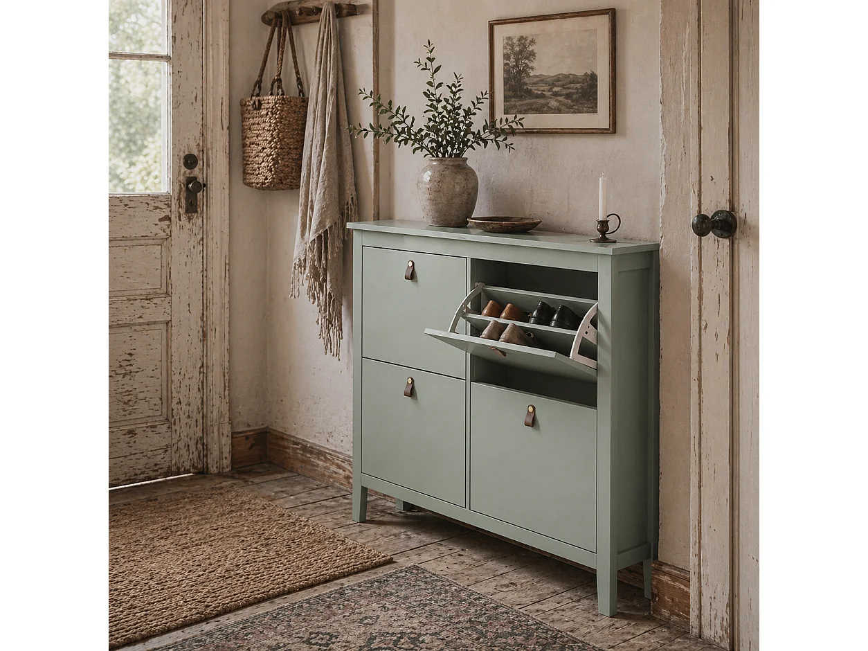 Margarita Mint Green 4 Drawer Shoe Cabinet with Faux Leather Handles