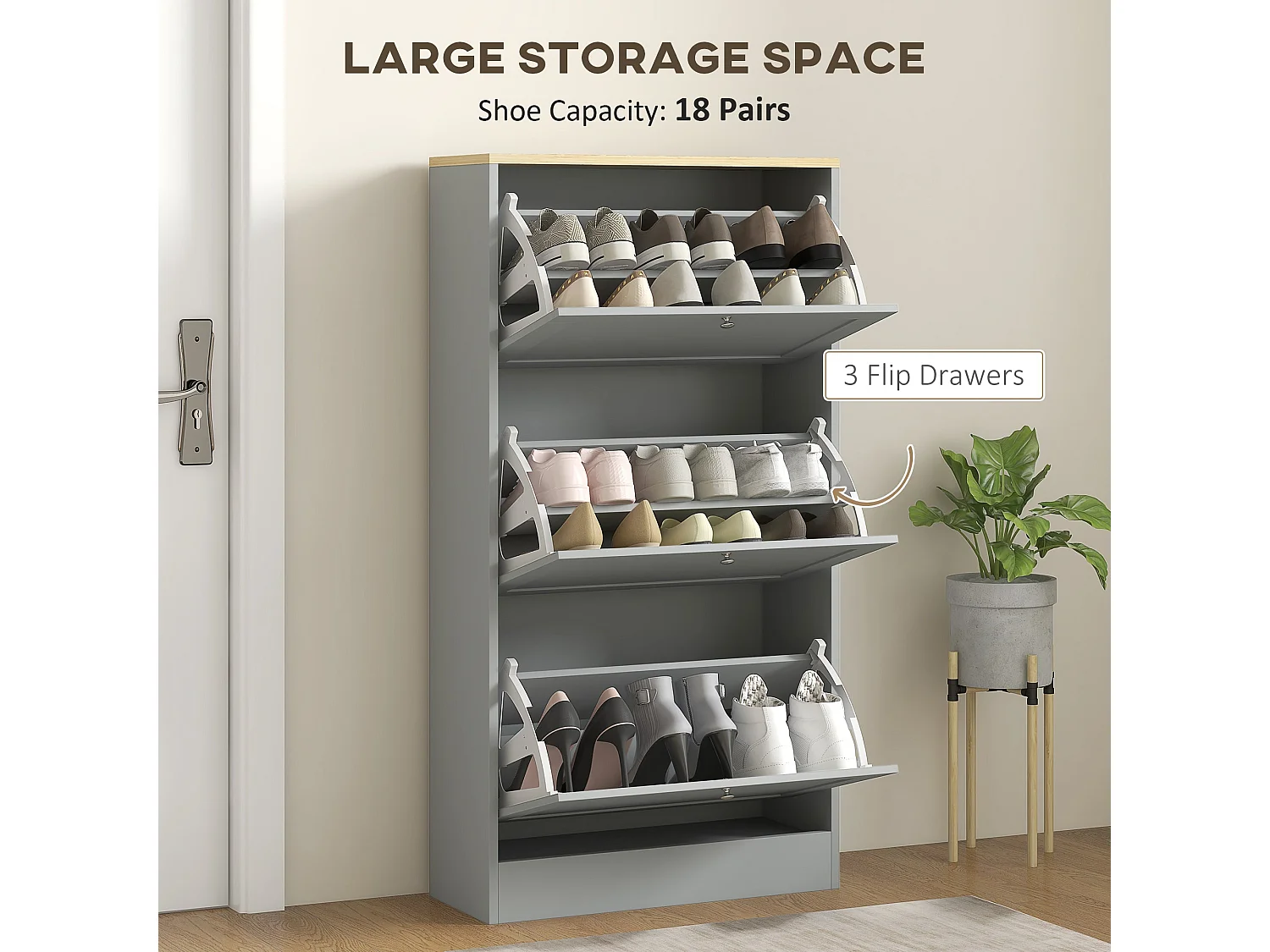 Sari Grey 3 Drawer Compact Shoe Cabinet Tilt Out Storage for Halls