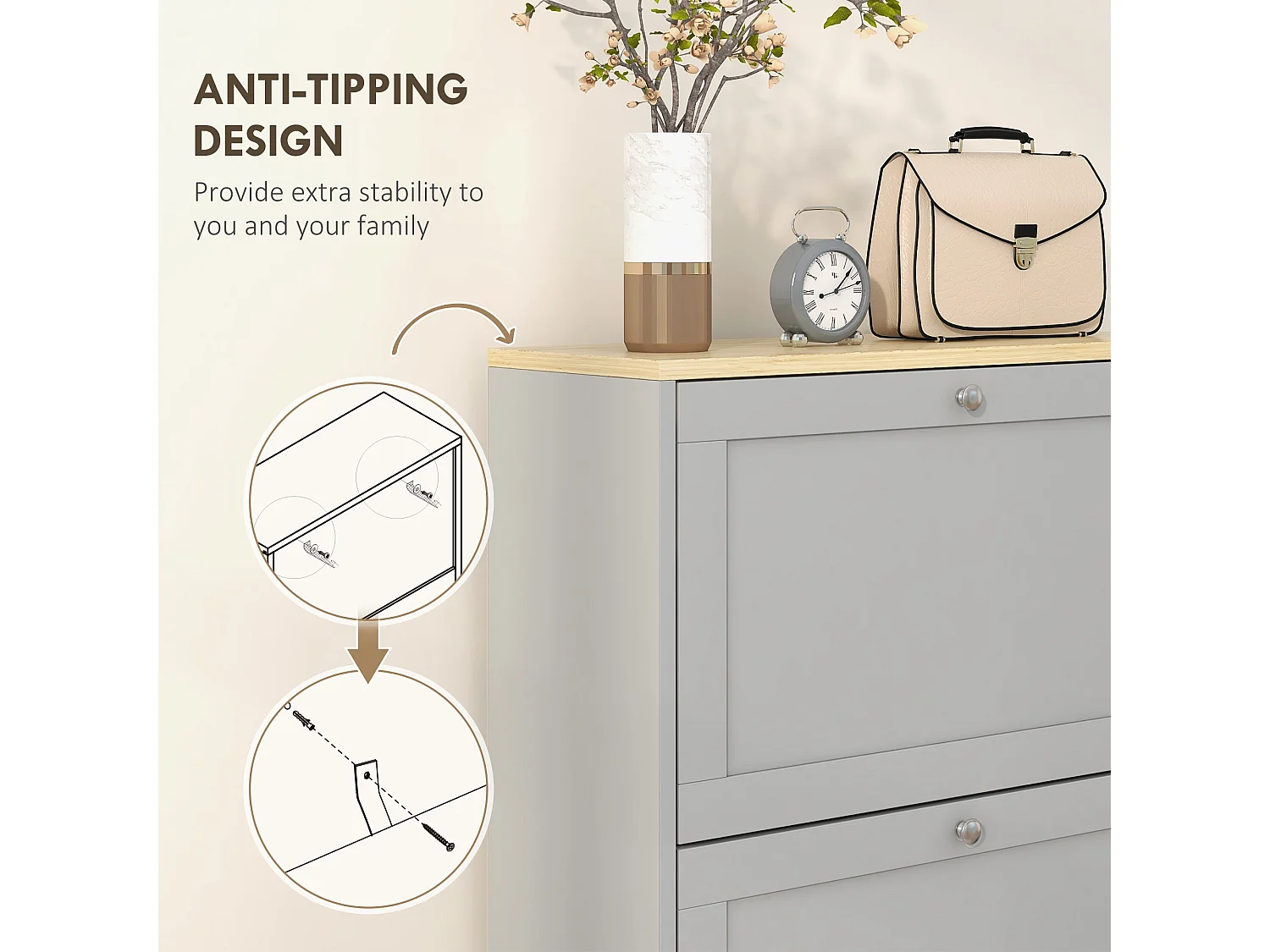Sari Grey 3 Drawer Compact Shoe Cabinet Tilt Out Storage for Halls