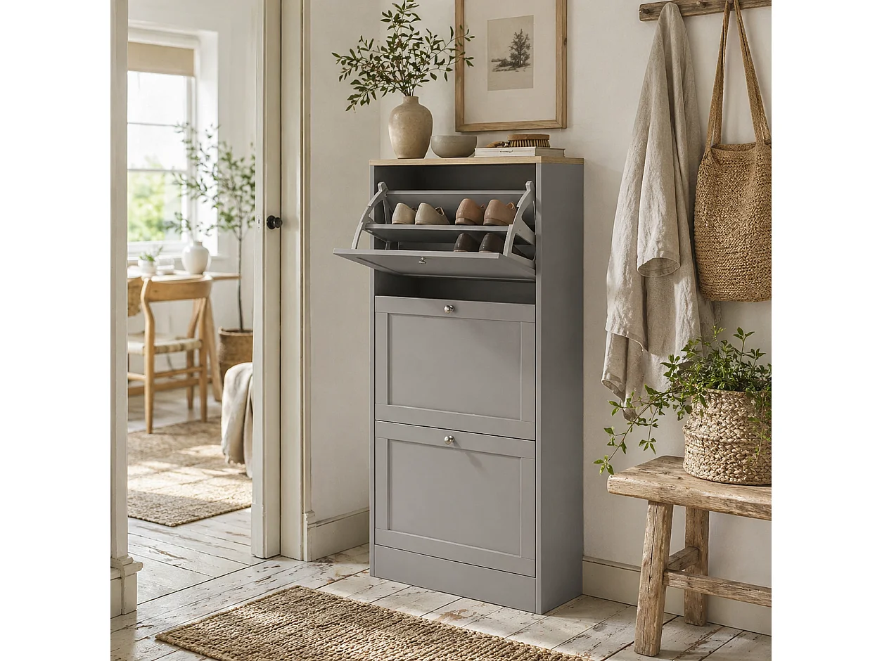 Sari Grey 3 Drawer Compact Shoe Cabinet Tilt Out Storage for Halls