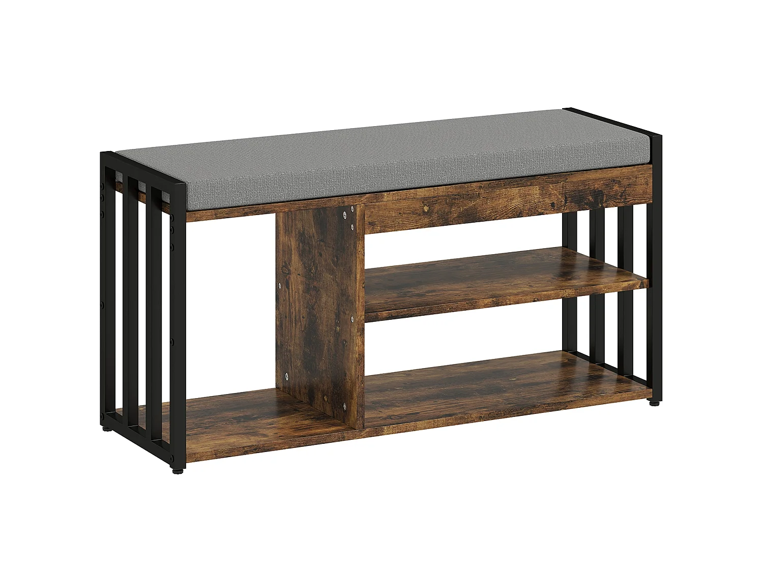 Soli Rustic Brown Shoe Bench with Grey Padded Seat and 3 Shelves