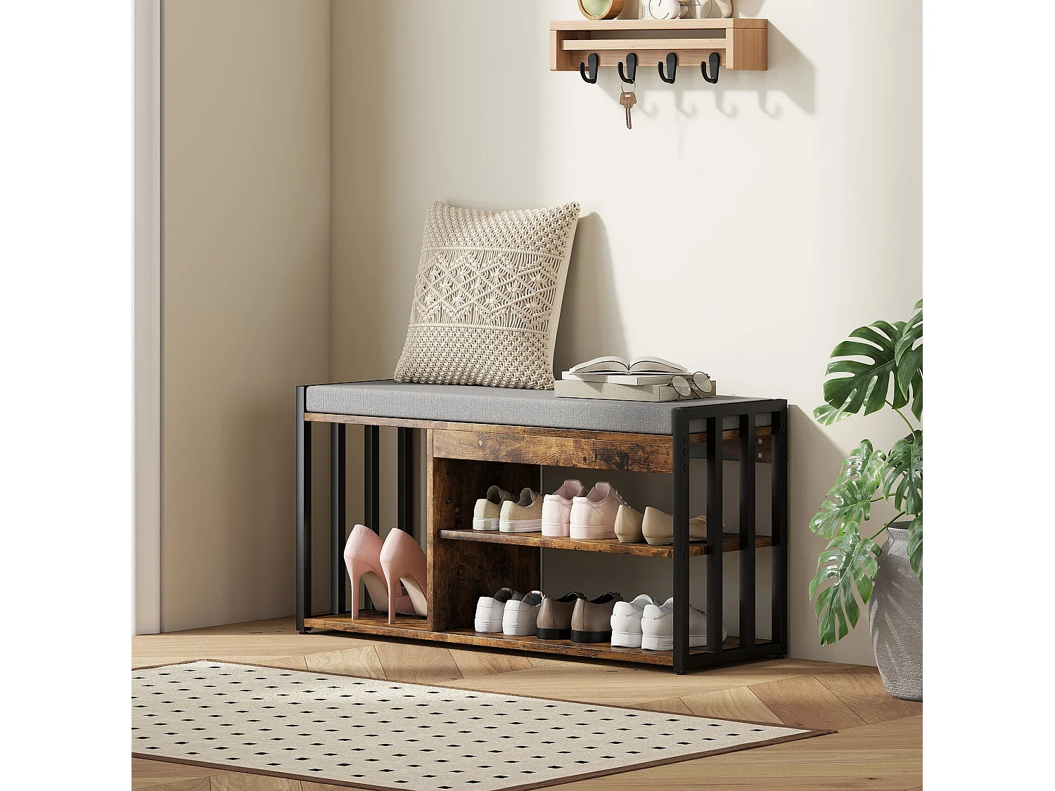 Soli Rustic Brown Shoe Bench with Grey Padded Seat and 3 Shelves