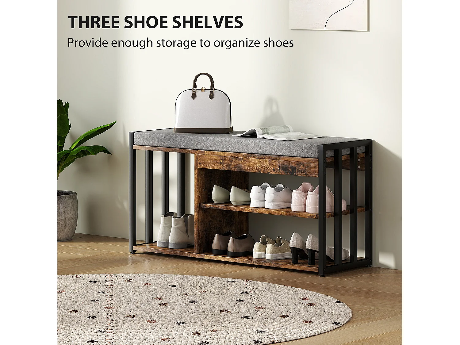 Soli Rustic Brown Shoe Bench with Grey Padded Seat and 3 Shelves