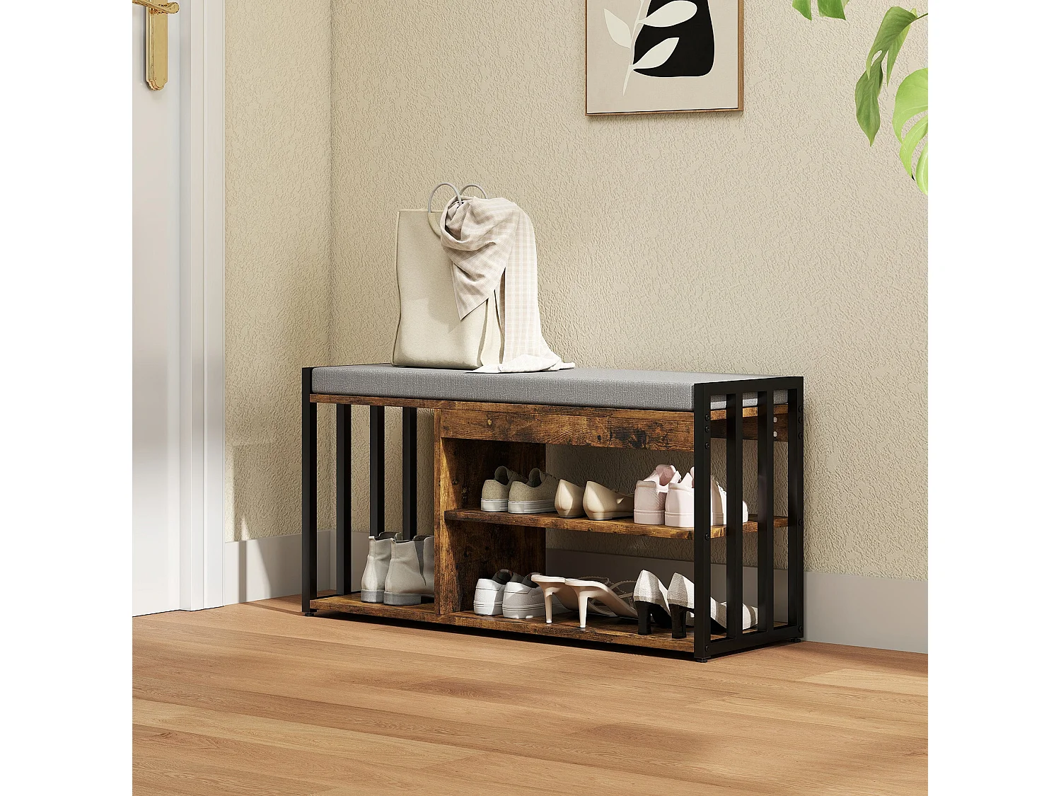 Soli Rustic Brown Shoe Bench with Grey Padded Seat and 3 Shelves