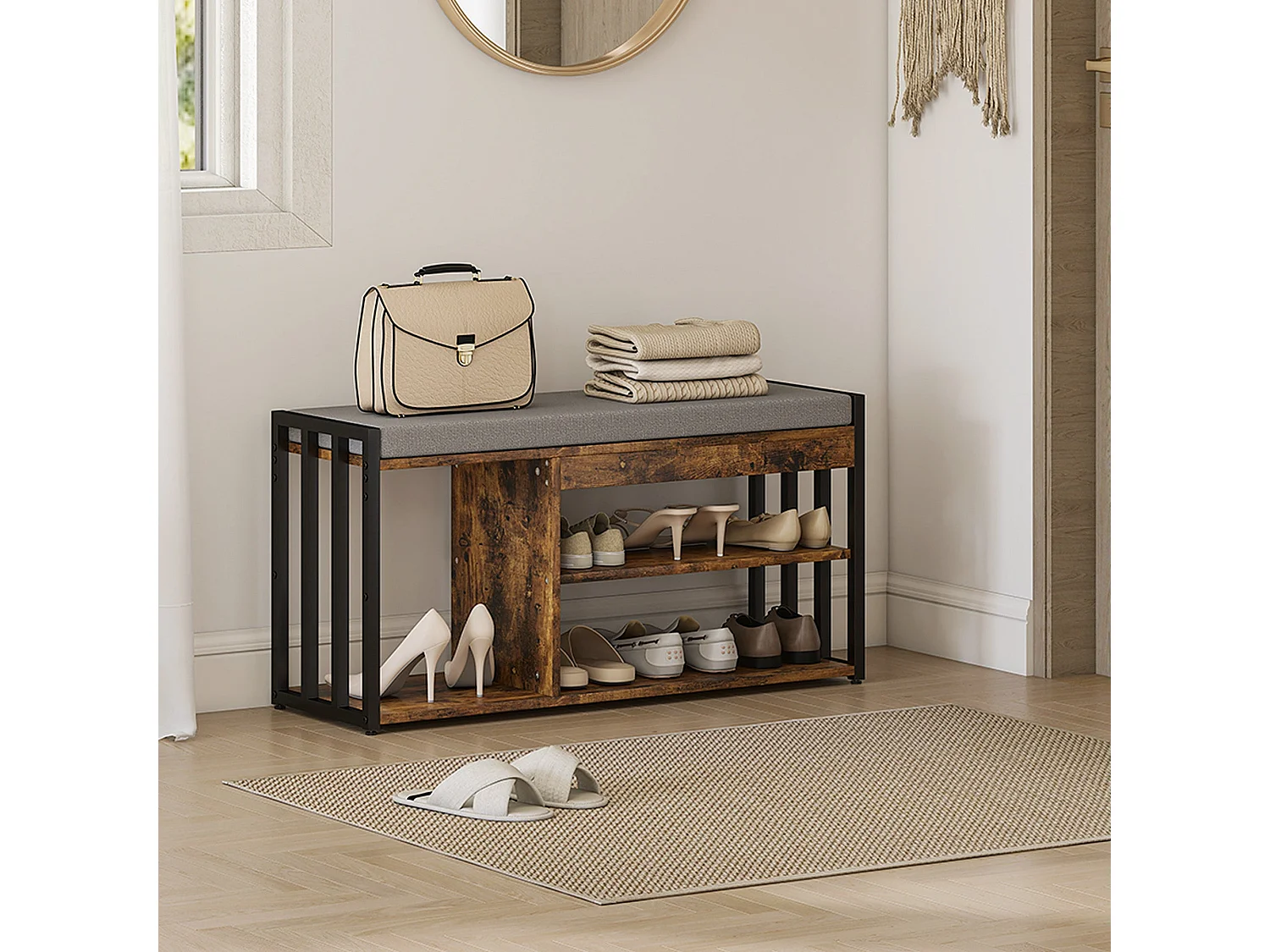 Soli Rustic Brown Shoe Bench with Grey Padded Seat and 3 Shelves