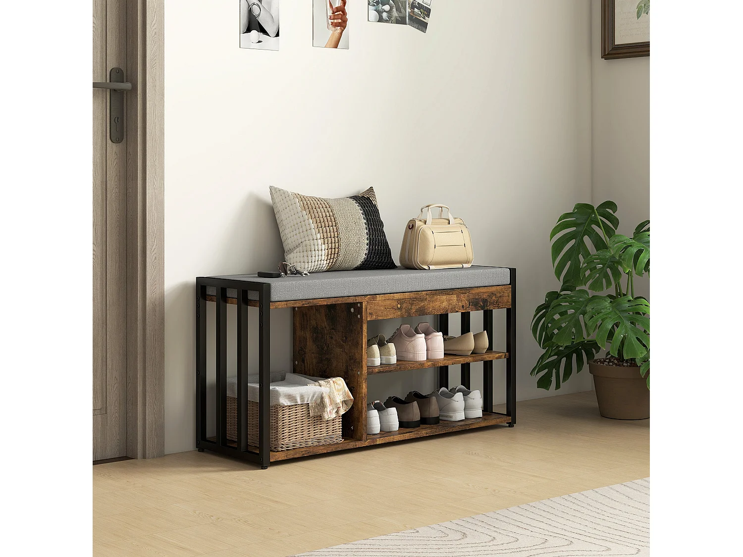 Soli Rustic Brown Shoe Bench with Grey Padded Seat and 3 Shelves
