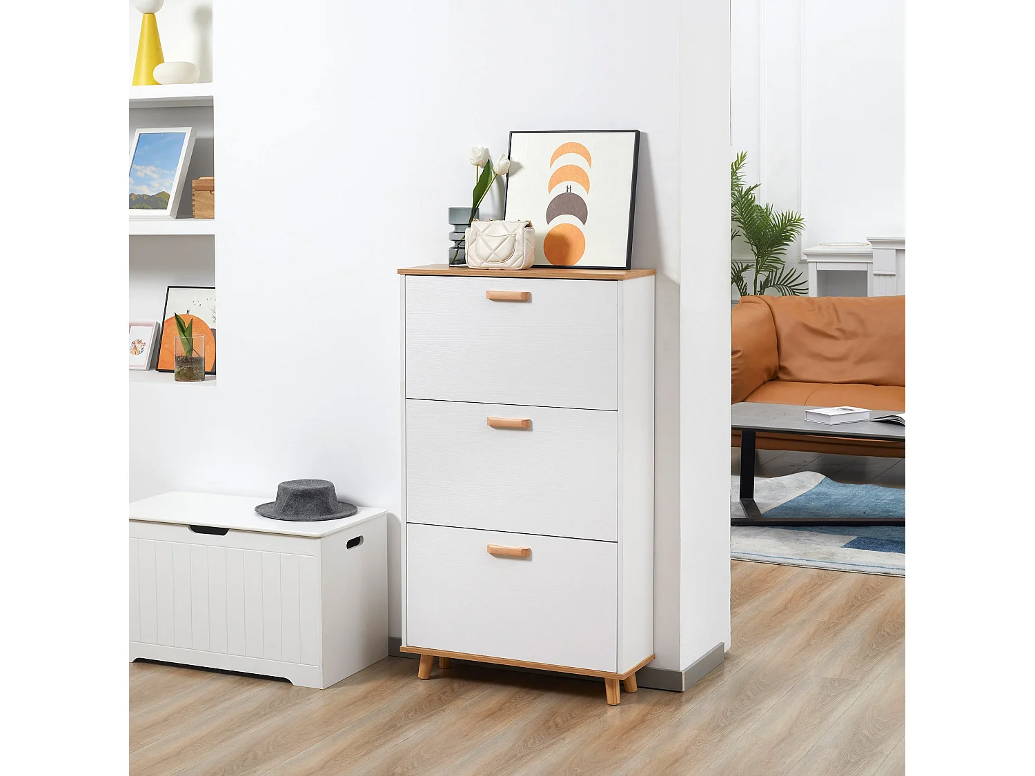 Ellora Lera Slim White and Natural Shoe Cabinet 3 Flip Drawers for 12 Pairs