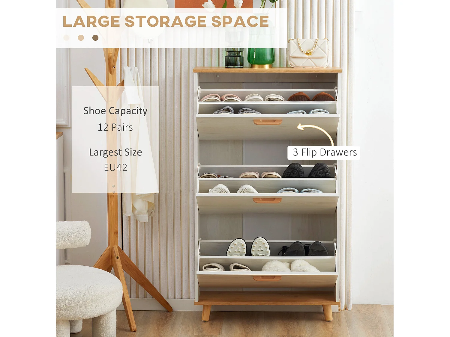 Ellora Lera Slim White and Natural Shoe Cabinet 3 Flip Drawers for 12 Pairs