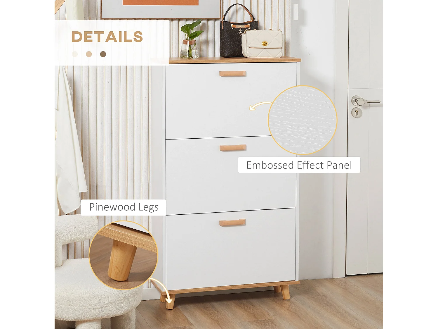Ellora Lera Slim White and Natural Shoe Cabinet 3 Flip Drawers for 12 Pairs