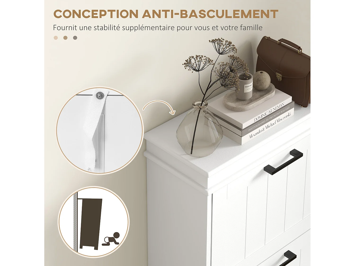 Naravi Vino White 3 Drawer Slim Shoe Cabinet Holds Up to 15 Pairs