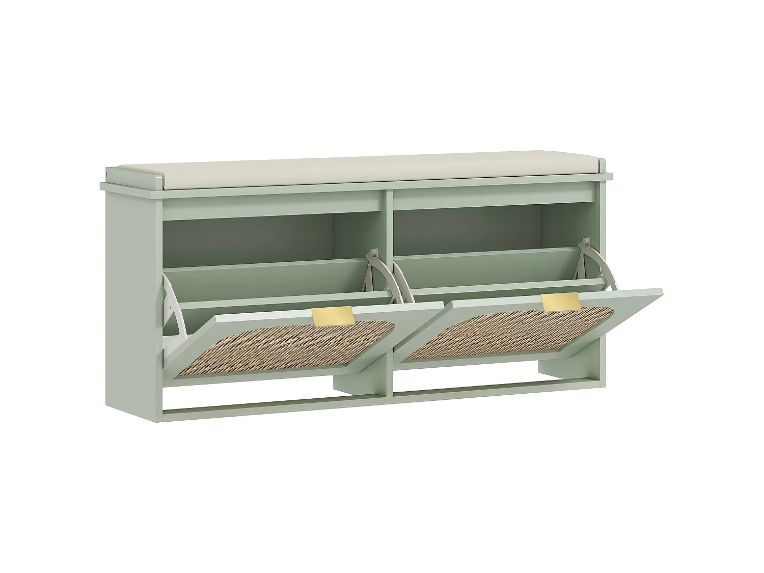 Rika Light Green Boho Shoe Bench with Cushioned Seat and 2 Flip Drawers