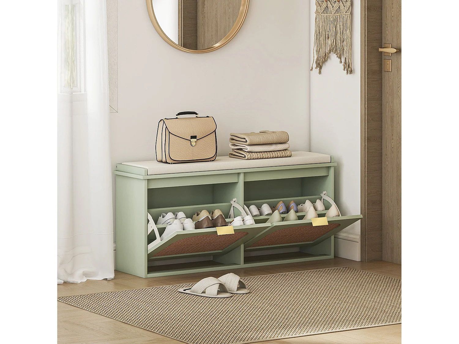Rika Light Green Boho Shoe Bench with Cushioned Seat and 2 Flip Drawers