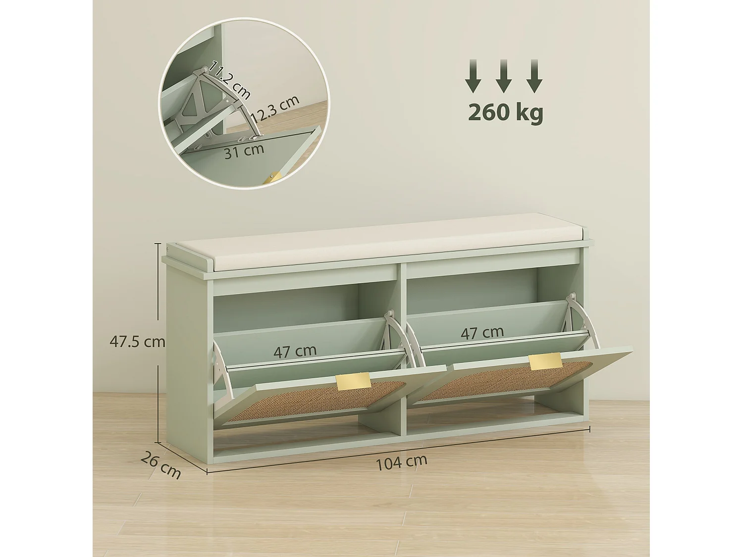 Rika Light Green Boho Shoe Bench with Cushioned Seat and 2 Flip Drawers