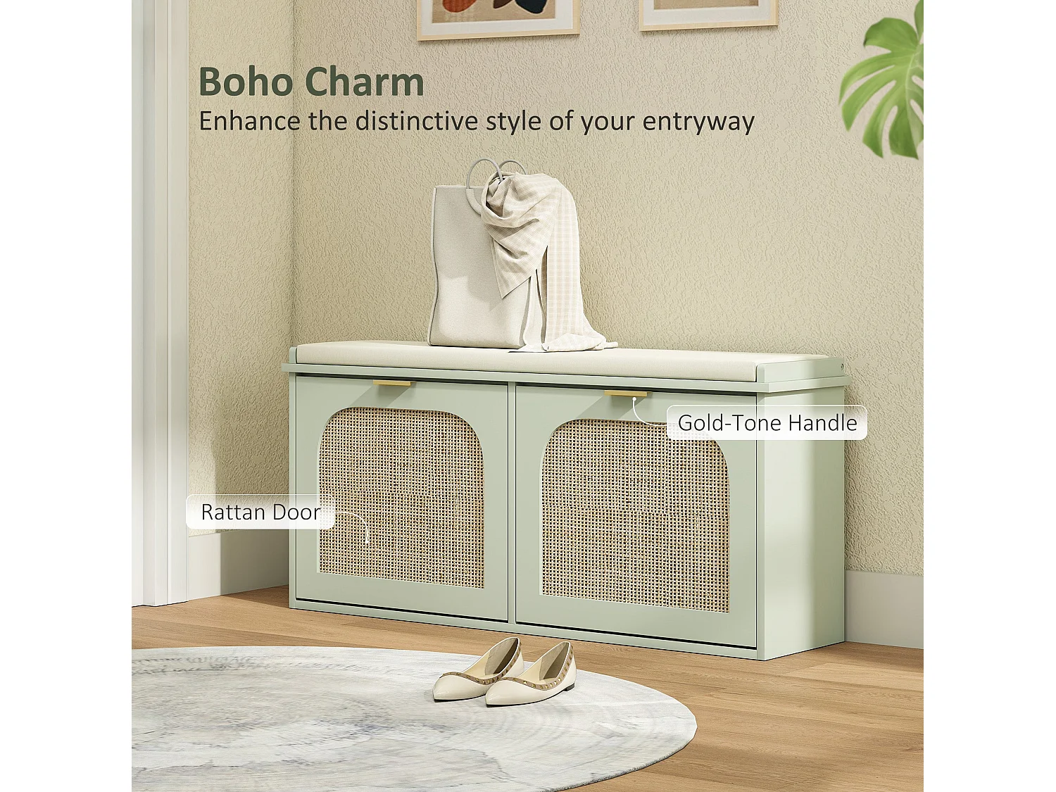 Rika Light Green Boho Shoe Bench with Cushioned Seat and 2 Flip Drawers