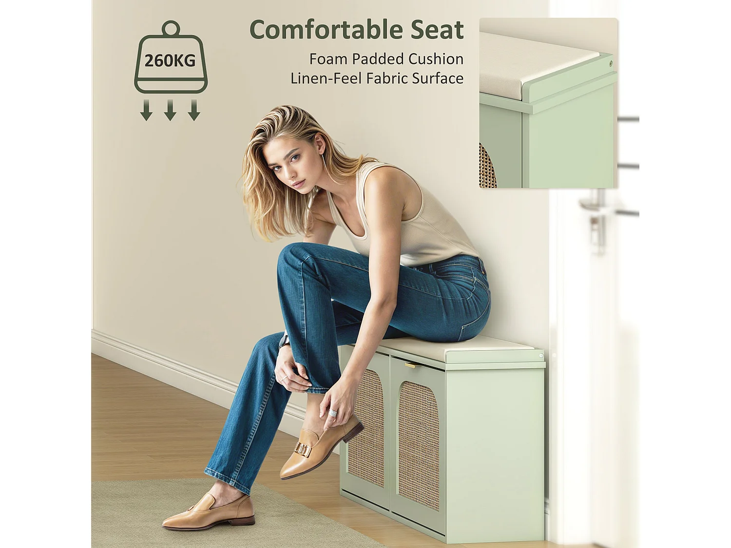 Rika Light Green Boho Shoe Bench with Cushioned Seat and 2 Flip Drawers