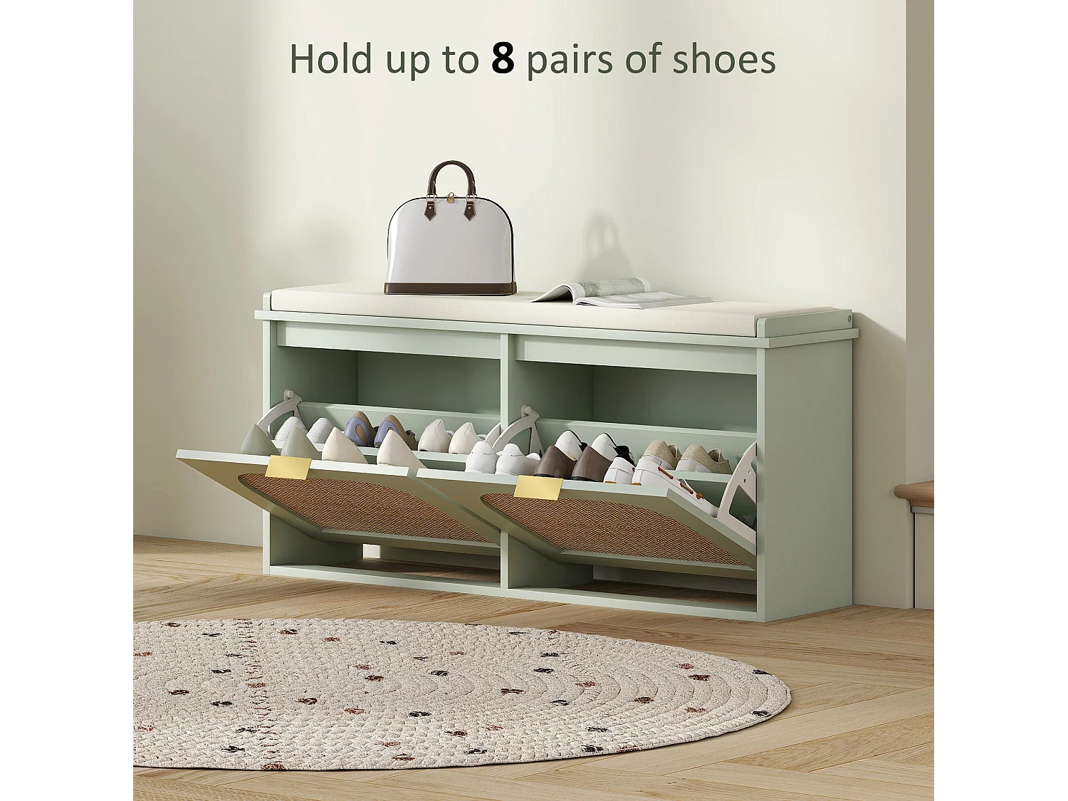 Rika Light Green Boho Shoe Bench with Cushioned Seat and 2 Flip Drawers