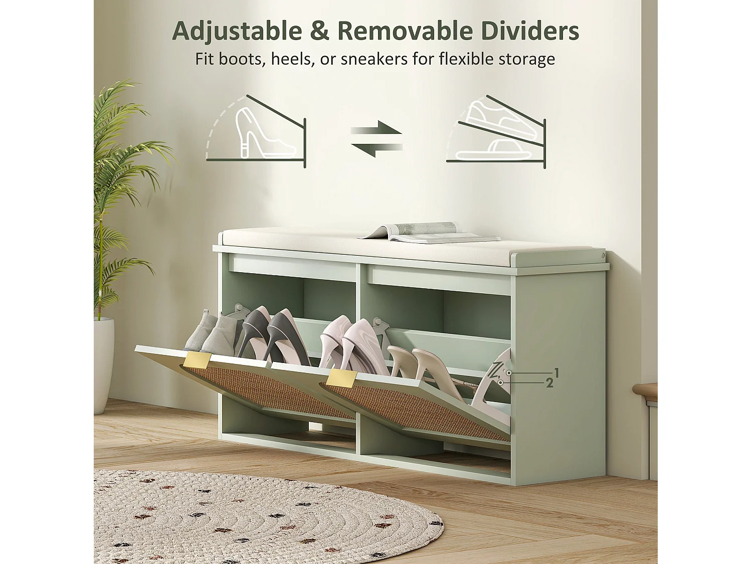 Rika Light Green Boho Shoe Bench with Cushioned Seat and 2 Flip Drawers