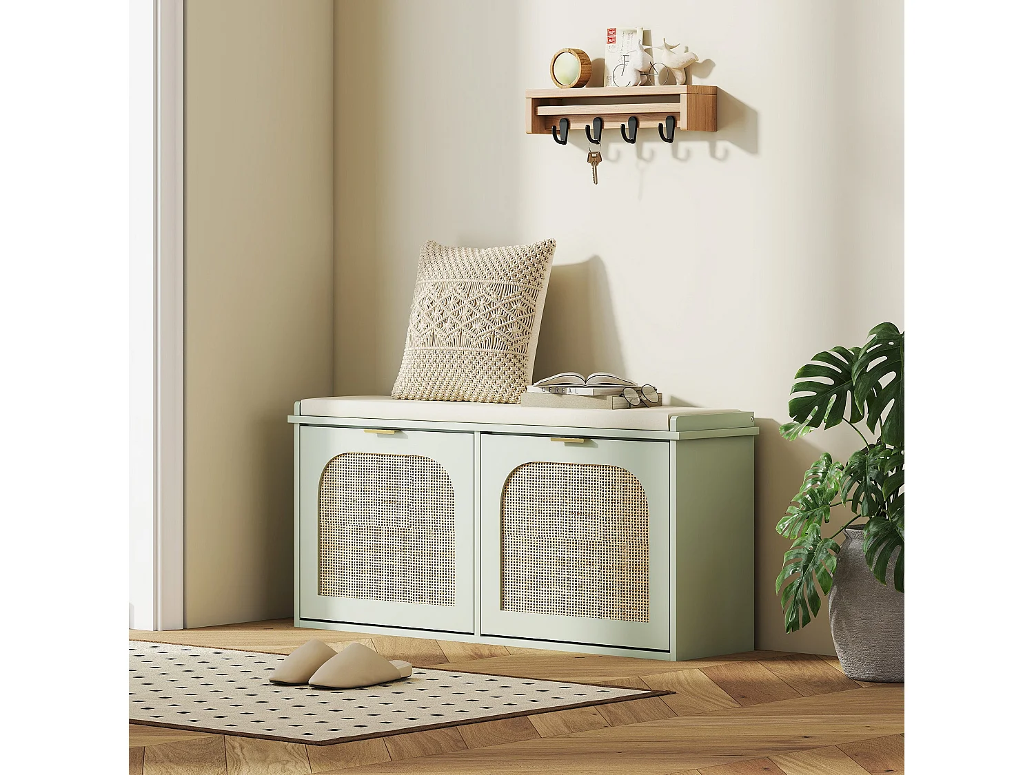 Rika Light Green Boho Shoe Bench with Cushioned Seat and 2 Flip Drawers