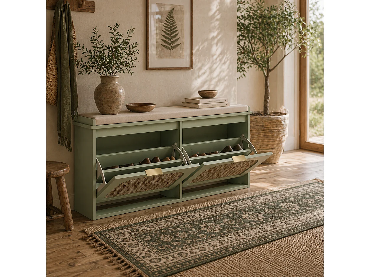 Rika Light Green Boho Shoe Bench with Cushioned Seat and 2 Flip Drawers
