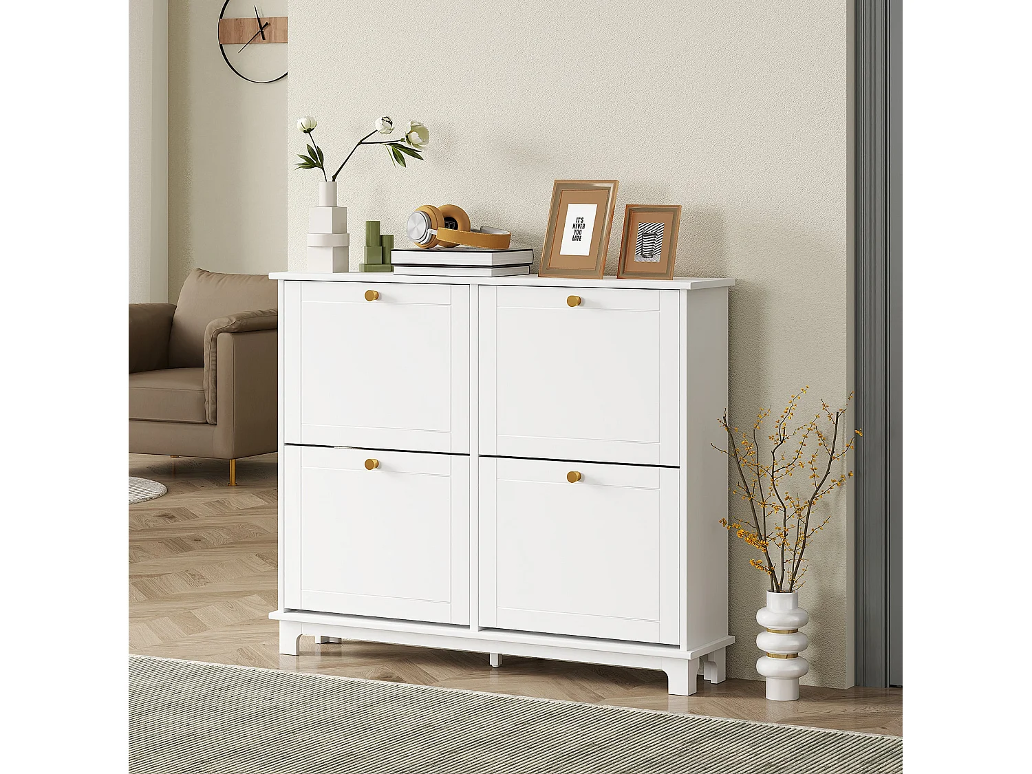 Zisuka Slim White Shoe Cabinet with 4 Flip Drawers Holds 16 Pairs