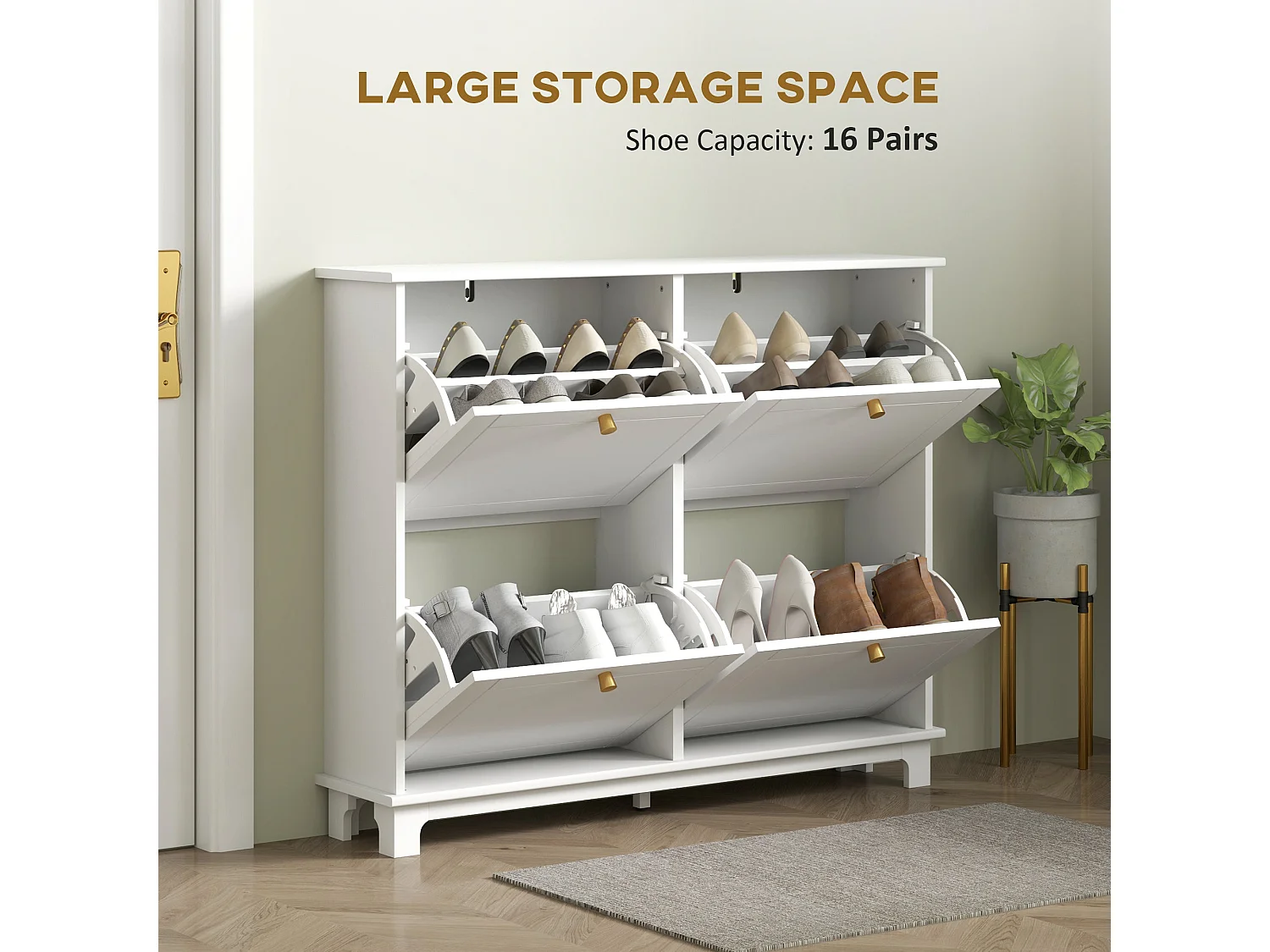Zisuka Slim White Shoe Cabinet with 4 Flip Drawers Holds 16 Pairs