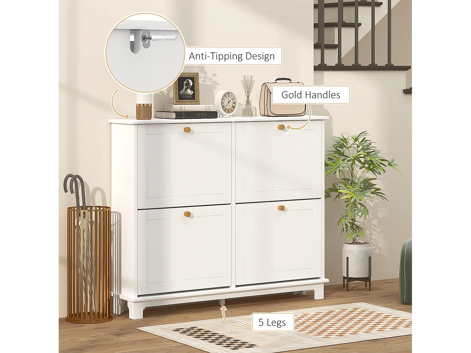 Zisuka Slim White Shoe Cabinet with 4 Flip Drawers Holds 16 Pairs