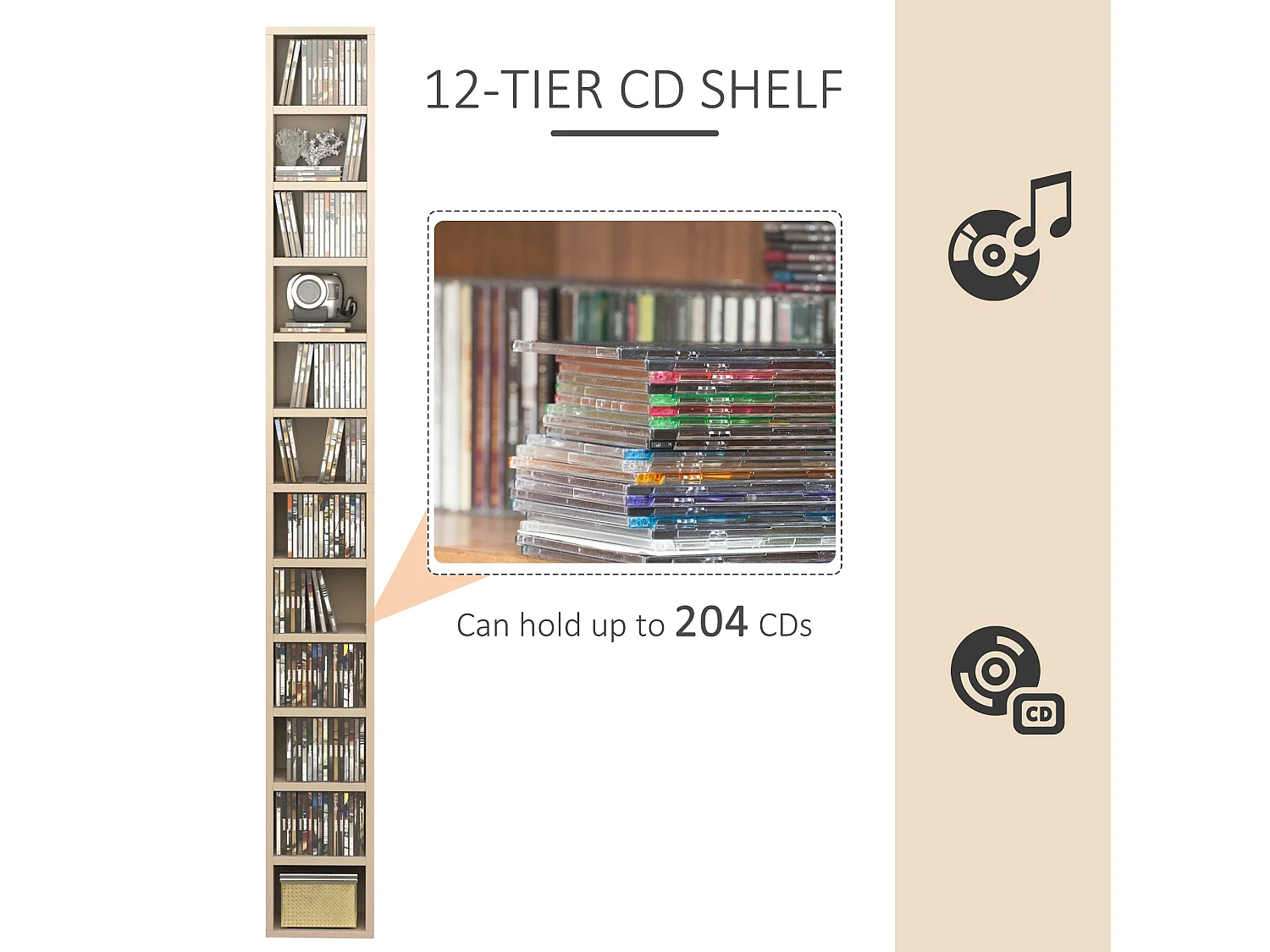 Yoel Oak Tone Tall Narrow CD Storage Tower 204 Disc Capacity