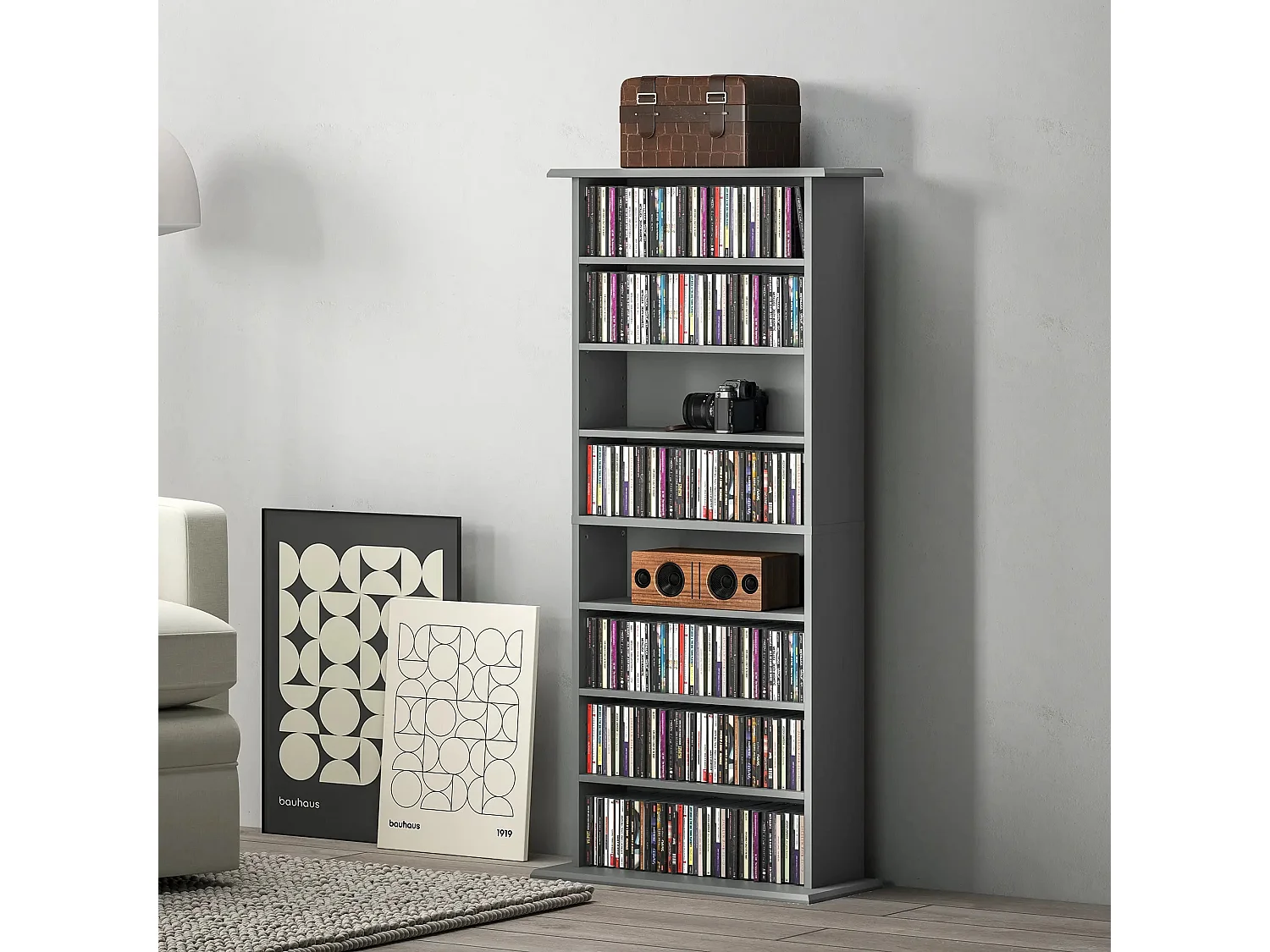 Wood Grey CD Storage Unit 360 Disc Capacity 8 Compartments 6 Adjustable Shelves