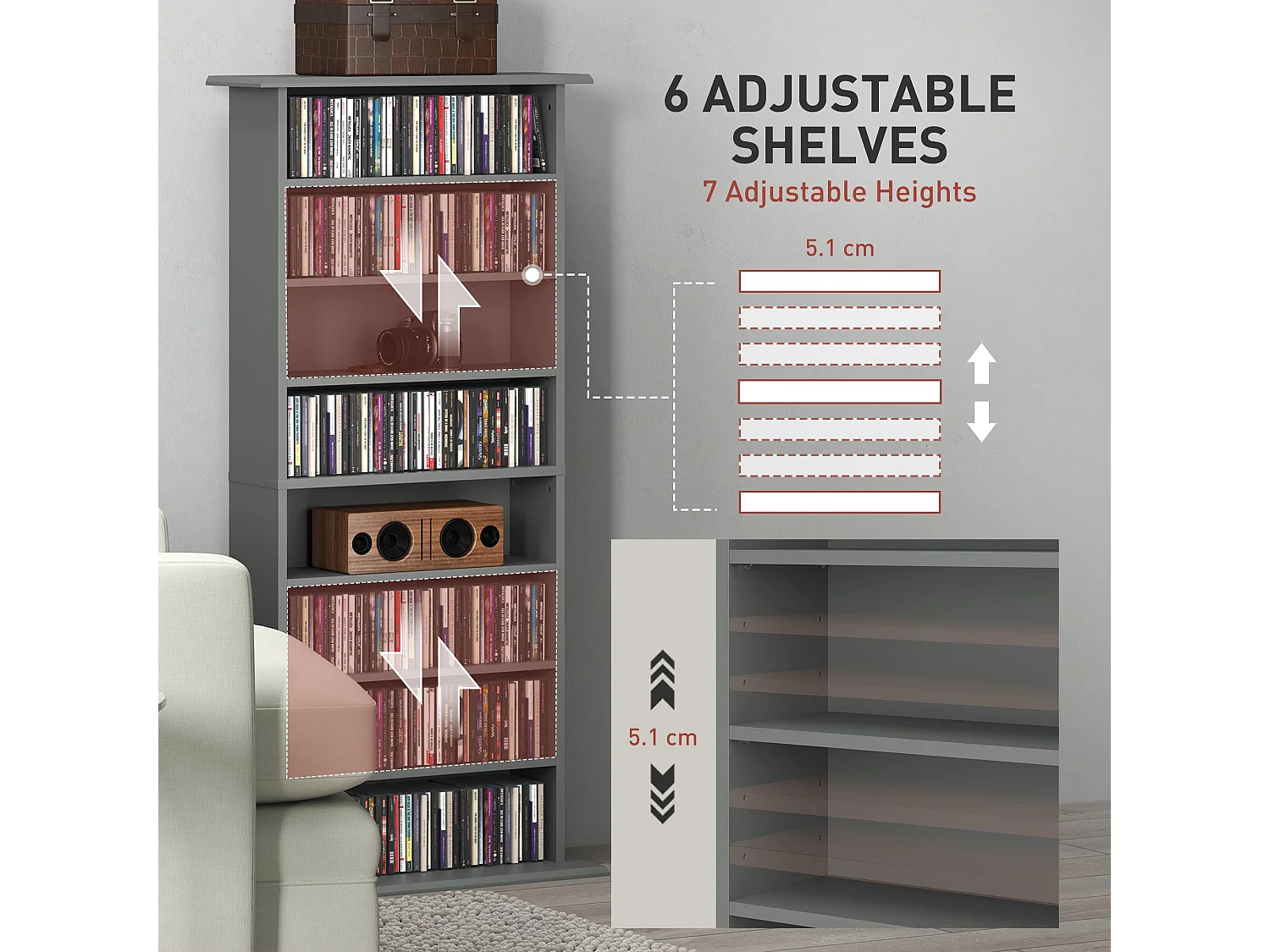 Wood Grey CD Storage Unit 360 Disc Capacity 8 Compartments 6 Adjustable Shelves