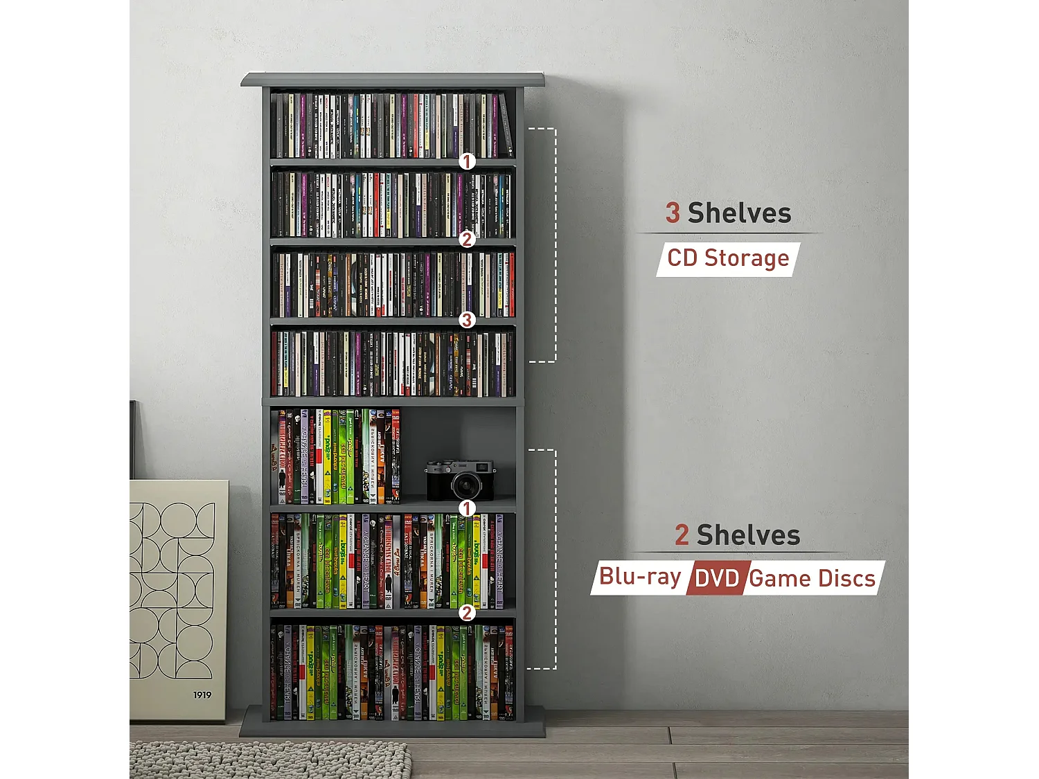 Wood Grey CD Storage Unit 360 Disc Capacity 8 Compartments 6 Adjustable Shelves